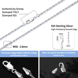 Jewlpire 925 Sterling Silver Chain Necklace for Women, 2MM Rope Chain Silver Chain for Women Sturdy Women's Chain Necklaces, Silver Chain 18 Inch