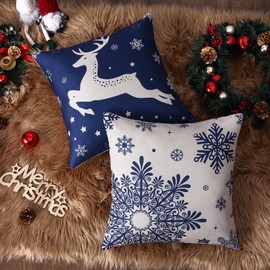 CAROMIO Christmas Cushion Cover Christmas Design Throw Pillow Case Linen Look Xams Decorations Throw Pillow Covers for Living Room Sofa Couch, 18x18inch, Blue, Set of 4