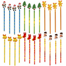 Qpout 24 Pcs Christmas Pencils with Wooden Toppers Fun Holiday Pencils Bulk for Kids Students Christmas Party Favor School Supplies Classroom Prize Gifts,6 Styles