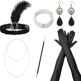 HENWUBEI 1920 Mesh headscarf with Vintage headdress Mesh with gloves, party Dress Accessories Set Roaring Twenties Flapper Headband Bride Wedding Tea Party Women's Veil