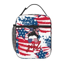 DEKIFNHG American Flag Girl Insulated Portable Lunch Bag With Detachable Handle, Reusable Lunch Box For Boys Girls Men Women