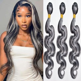 Highlight Grey Hair Bundles Body Wave Hair Bundles 1B Grey Tow Tone Highlight Bundles Human Hair Bundles Hair Weave Double Weft Grade 8A Hair Bundle 8 10 12 Inch