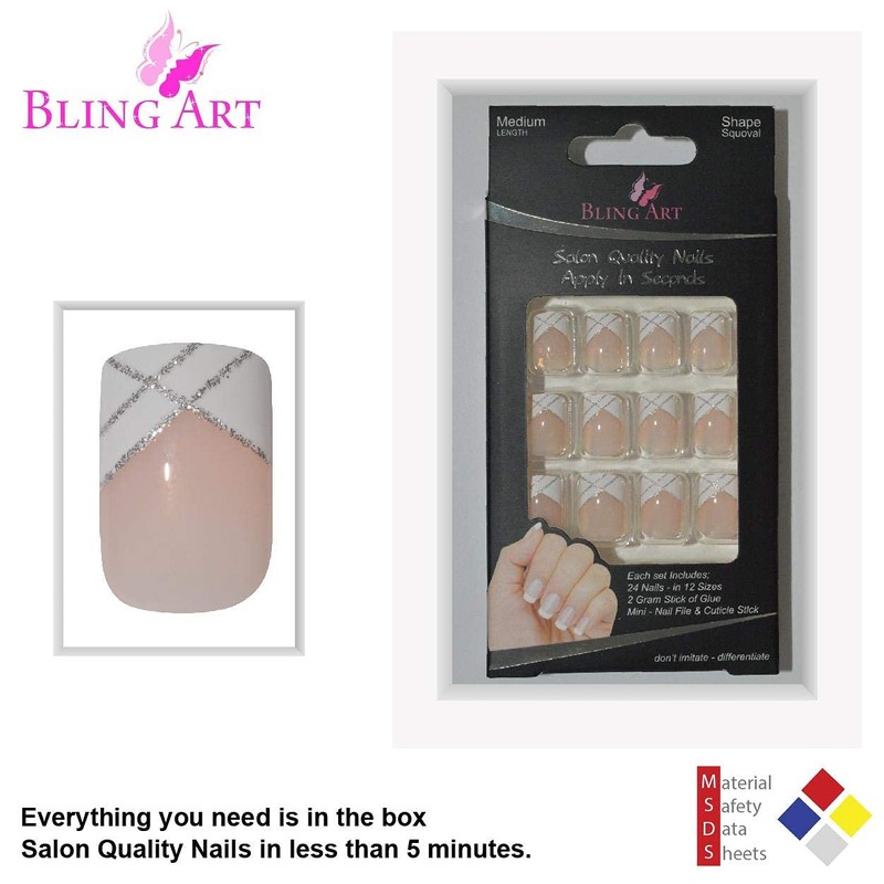 Bling Art False Nails French Manicure Gel Glitter Flower Glossy