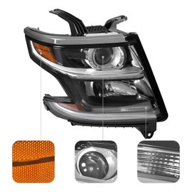 WsrrLun Halogen Headlight Assembly for Tahoe/Suburban 2015-2017, Right Passenger Side, Black Housing with LED DRL Side Marker Lamp