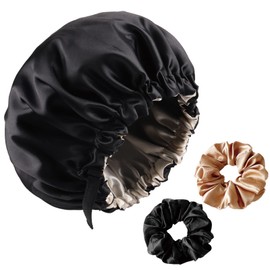 ZXJLWR Silk Bonnet for Sleeping, 1 Piece Silk Bonnet with 2 Pieces Hair Rope, Fashion Satin Hair Cap, Adjustable Sleeping Cap for Women with Long, Straight and Curly Hair (Black), black