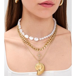 MJartoria Gold Layered Necklaces for Women Trendy Big Shell Cross Pendant Dainty Chunky Pearl Chain Choker Necklaces for Jewelry Birthday Gifts