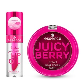 essence - Pack Juicy Berry Bálsamo Labios & Mejillas (3g) + Hydra Kiss Lip Oil Cranberry Is Back (4ml), Hidratación, Brillo y Color Natural