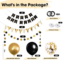 OHugs New Years Eve Decorations 2025 - Black and Gold Happy New Year Party Decoration Accessories with Happy New Year Banner, Gold Bunting, Circle Garland, Metallic Gold Balloons and Black Balloons