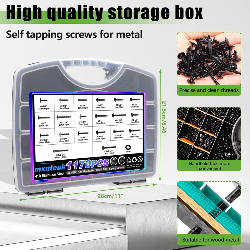 mxuteuk 1170PCS #8#10 Self Tapping Screws for Metal,410 Stainless Steel