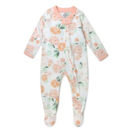 HonestBaby Sleep & Play Footed One-Piece Pajama Sleeper 100% Organic Cotton, Baby Girls, White Peach Blossom Floral