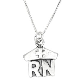 LGU Sterling Silver Registered Nurse RN Charm with Polished Box Chain Necklace (24 Inches)