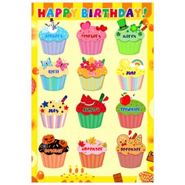 WaaHome Birthday Chart for Classroom - Cupcake Happy Birthday Poster for Classroom Decorations Reusable Laminated Birthday Calendar Kindergarten Elementary Back To School Teacher Supplies Essentials Must Haves