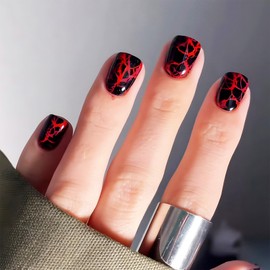 Red Curve Line Press on Nails 24Pcs Marble Acrylic Fake Nails Volcanic Rock Stick on Nails Glossy Red Crack Short Square False Nails Turtle Pattern Gel Glue on Nails for Coquette Women Girls