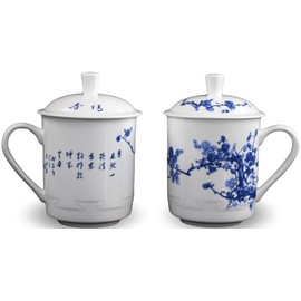 Festcool 2 Bone China 14-ounce Tea Cups Coffee Mugs (With Lid) Plum Blossom Blue and White Porcelain Cherry Blossom One Pair Jingdezhen