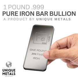 1 Pound Iron Bar Bullion Paperweight with Element Design - .999 Pure Iron Bar - Unique Metals, Silvery-gray