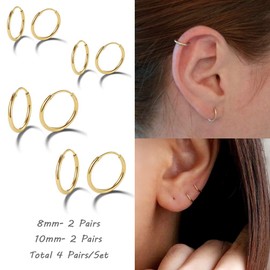 EPIRPRA Silver Hoop Earrings- Cartilage Earring Small Hoop Earrings for Women Men,4 Pairs of Hypoallergenic 925 Sterling Silver Tragus Earrings(Gold,8mmx2+10mmx2)