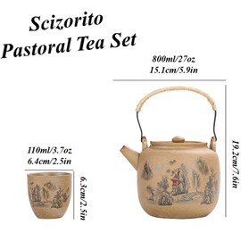 Scizorito Landscape Tea Set, Ceramics Teapot with Handle, Practical for Home or Office, 6 Large Cups with Gift Box, Suitable for Father's Day, Birthday, Graduation Season