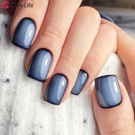 Milky White Press On Nails | CurvLife Nail | 24pcs Short Round Fake Nails | Glossy Natural Finish | Easy Apply, Comfortable & Durable | Daily, Business & Elegant Nail Art:_Misty Slate Vibe