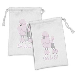 Ambesonne Ooh La La Fabric Pouch Set of 2, Poodle Interpretation with Typography Animal Lovers Theme Print, Small Drawstring Bag for Toiletries Masks and Favors, 9" x 6", Pale Mauve and Pale Taupe