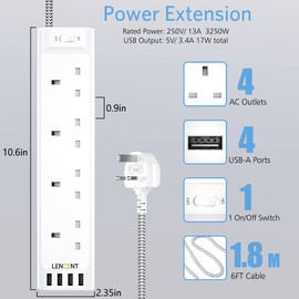 LENCENT Extension Lead with USB Slots, 4 Way Outlets Power Strip with 4 USB Ports, Multi Power Plug Extension with 1.8M Braided Extension Cord for Home Office, 3250W 13A