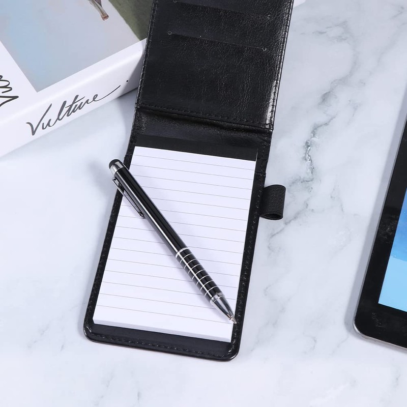 Mini Pocket Notebook, A7 Leather Notebook with Metal Pens, Holder