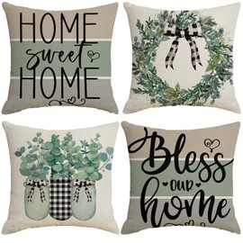 Decorative Throw Pillow Cover Green Plant - 18 x 18 Garland Vase Pillow Cushion Case - 4 Pack Linen Square Checked Bowknot Pillow Cushion Cover, Great for Sofa, Patio, Chair, Yard, Living Room Decor