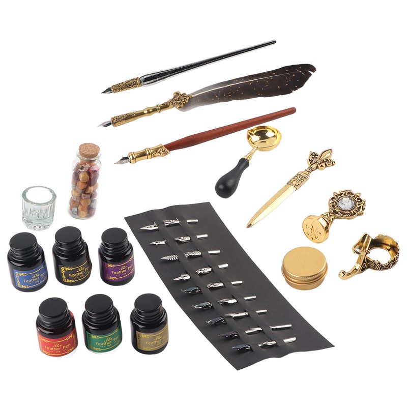 Feather Pen Set European Style British Retro Lacquer Stamp Dipped