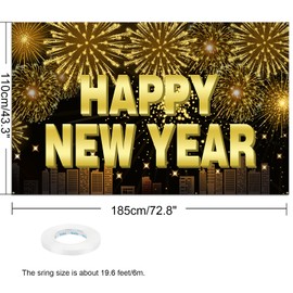 HOWAF Happy New Year Banner 2025 New Years Decorations, Gold Large Happy New Year Backdrop Fabric Background Banner New Years Eve Photo Booth Props for New Years Eve Party Supplies 2025, 185 x 110 cm