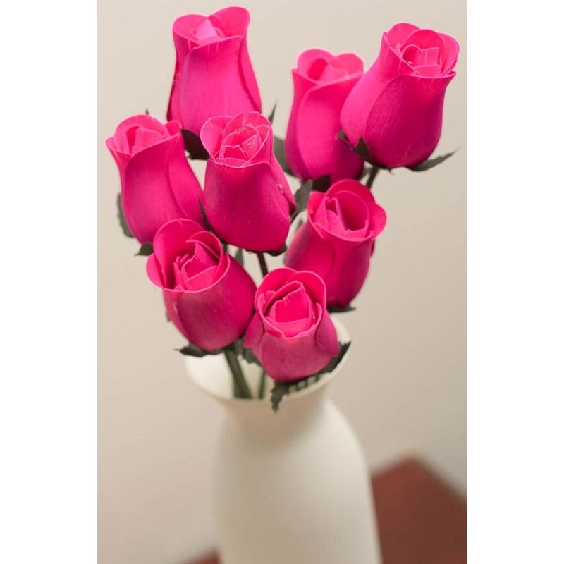 Hot Pink Bunch of 8 Closed Bud Wooden Roses for