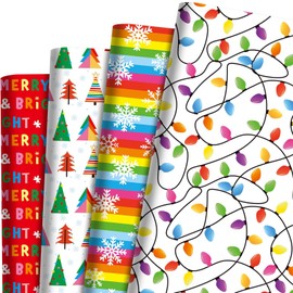12 Sheets Christmas LightBulb Wrapping Paper Rainbow String Lights Gift Wrap Paper for Xmas Winter Holiday Birthday Baby Shower Party DIY Craft, 28 x 20 inches (String)