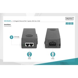 DIGITUS Ethernet PoE+ Injector - 10 Gigabit - 30 W Power Over Ethernet Budget - IEEE 802.3af/at - Auto Detection of PoE Devices - 100 m Range - Black
