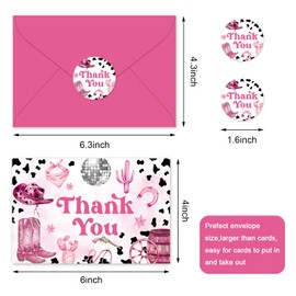 FYSUIMU 24 Pack Cowgirl Thank You Card Bulk Leopard Print Cowgirl Hat Boots Blank Note Cards with Envelopes Stickers Western Greeting Cards for Birthday Baby Shower
