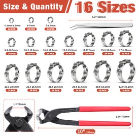 AKIHISA 360Pcs 16 Sizes Single Ear Hose Clamps, 5.3-36.1mm Stainless Steel_304 Crimp Hose Clamps Cinch Rings Assortment Kit for Automotive, Pipe, Plumbing