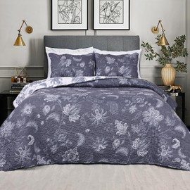 Invoibler Grey Floral Quilt King Size 3 Pieces Botanical Bedspread Coverlet Set Reversible Lightweight Microfiber Bedding Quilts Set for All Season (1 Quilt, 2 Pillow Shams)