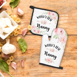 FIicy Nanny Gifts Oven Mitts and Pot Holders Sets, Nanny Gifts for Grandma from Grandkids Kitchen Decor Accessories Sets, World’s Best Nanny Heat Resistant Oven Glove Potholders for Kitchen Cooking