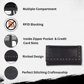 Vilenca Holland Vintage Italian Leather Boho Studded Trifold Wallet – Zipper Coin Purse & Credit Card Holder for Women (Black)