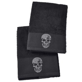 DONE Guest Towel Double Pack Black-Line Stone – 5 Designs with Rhinestones in Black or Silver – Exclusive Terry Cloth Set 100% Cotton, Colour: Black 4203, Size: Skull_B05