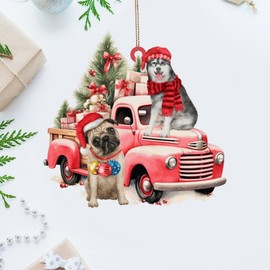 Red Truck with Dog Xmas Ornament Gift for Newborn Boy Christmas Tree Ornament Keepsake Puppy Dogs Pet Pine Tree Acrylic Christmas Bauble for Xmas Tree Decoration