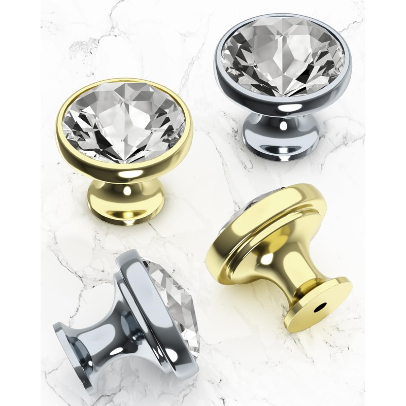 FURNIWARE Pack of 10 Furniture Knobs, Crystal, Cupboard Knobs, Gold,