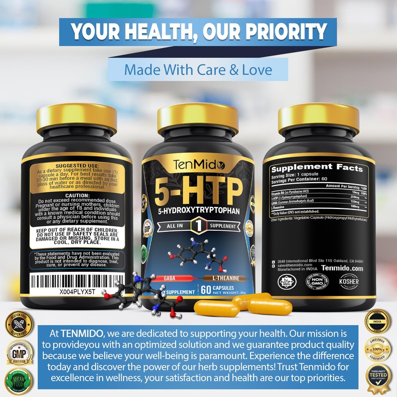 Tenmido 5-HTP & GABA Supplements - 4in1 with Vitamin B6,