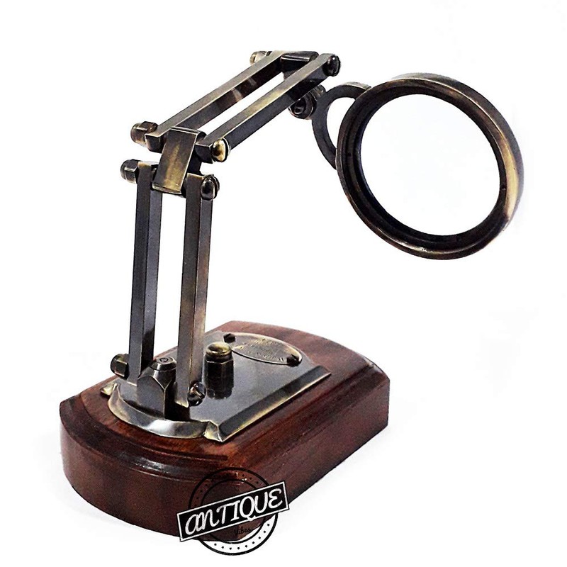 Vintage Antique Brass Magnifying Glass with Wood Stand Jewelry Optics