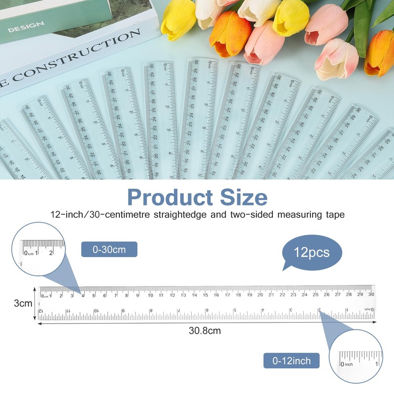 Coptiner 12 Pcs 30cm Rulers Set,12 Inch transparent Plastic Multipack