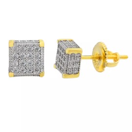 Harlembling Mens Real Solid 925 Silver Iced CZ Hip Hop Earrings Studs Small 1/4" Gold Plated