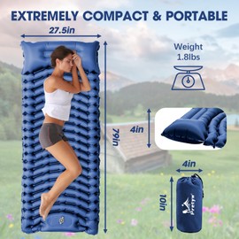 Pretyw Sleeping Pad for Camping - Ultralight Camping Mattress with Pillow, Built-in Foot Pump, Compact Inflatable Portable Mat for Backpacking, Hiking, Car Traveling, Beach, Tent