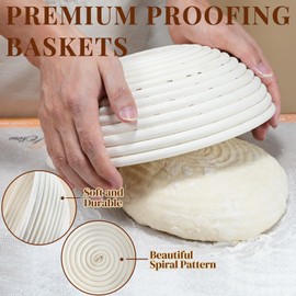 Sourdough Proofing Basket Set, Sopito 9 Inch & 10 Inch Cane Banneton Proofing Baskets with Cloth Liner, Basting Brush, Dough Whisk, Bread Lame with Blades & Sheath, Flour Duster, Storage Bag