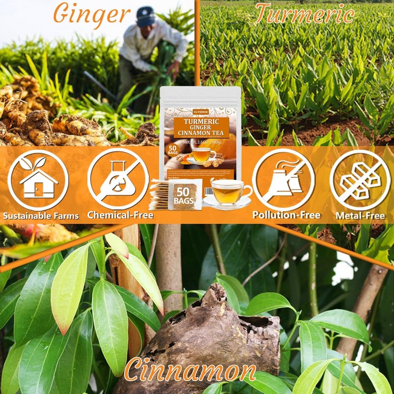 50 Premium Turmeric, Ginger, Cinnamon Blend Tea Bags, 100% Natural
