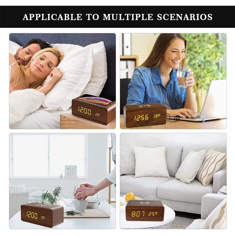 Wooden Digital Alarm Clock with Wireless Charging, 3 Alarms LED