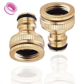ZhiheHui 2 Pack Brass Garden Hose Tap Connector, 1/2 Inch and 3/4 Inch 2-in-1 Female Thread Tap Adapter, Brass Garden Hose Connector Set