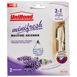 UniBond Minifresh Moisture Absorber, Lavender Fragrance Hangable Sachets, Ideal for Drawers, Cupboards, Wardrobes & Shoeracks, 2 Scented Sachets