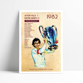 The Football Print Room ASTON VILLA | EUROPEAN CUP FINAL 1982 | DENNIS MORTIMER | HAND DRAWN FRAMED ILLUSTRATION PRINT POSTER